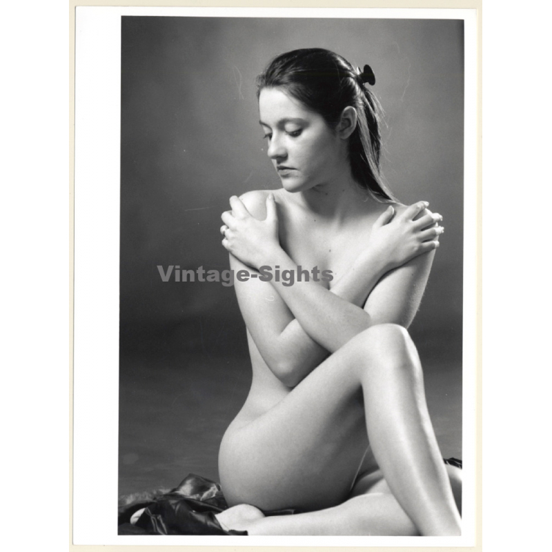 Artistic Erotic Nude Study: Slim Pensive Female Sitting (Vintage Photo France 1980s)
