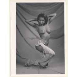 Artistic Erotic Nude Study: Slim Dark-Skinned Female*2 / Ripped Jeans (Vintage Photo France 1980s)