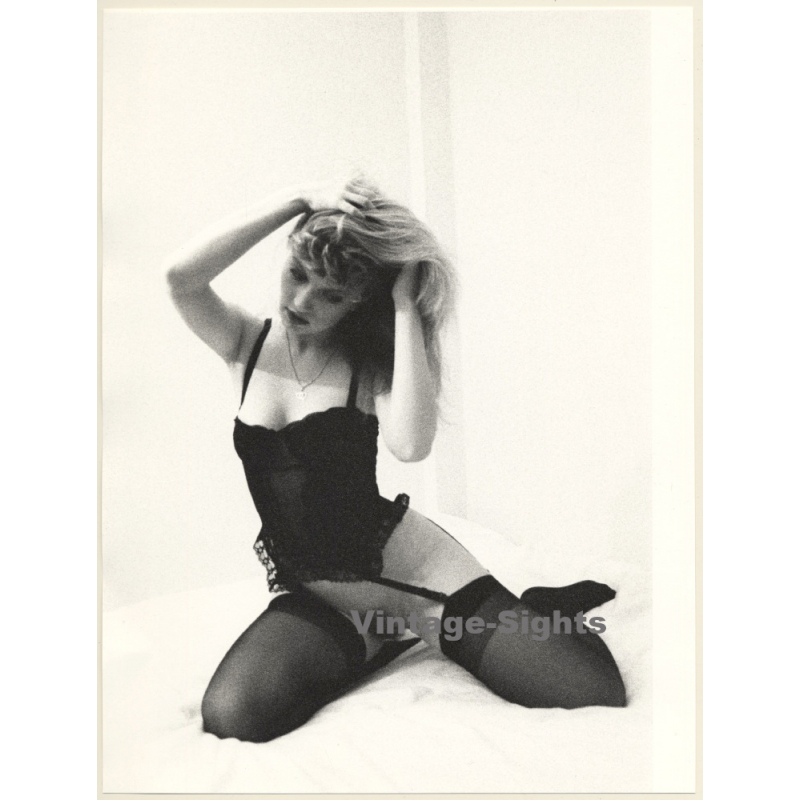 Artistic Erotic Study: Blonde Semi Nude In Black Bodice / Suspenders (Vintage XL Photo France 30 x 23 CM 1980s)