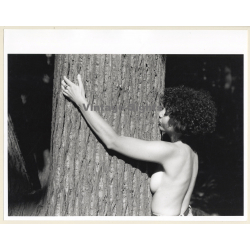 Artistic Erotic Study: Natural Topless Curlyhead Embraces Huge Tree Trunk (Vintage XL Photo France 24 x 30 CM 1980s)
