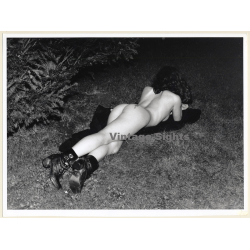 Artistic Erotic Study: Slim Nude On Meadow At Nighttime / Rear View (Vintage XL Photo France 23 x 30 CM 1980s)