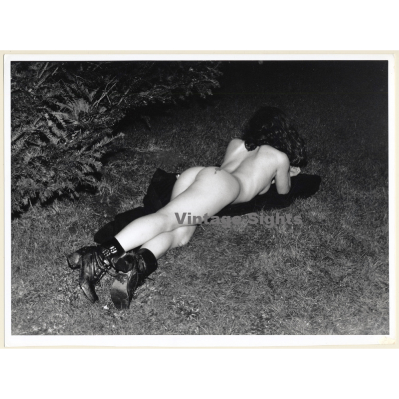 Artistic Erotic Study: Slim Nude On Meadow At Nighttime / Rear View (Vintage XL Photo France 23 x 30 CM 1980s)