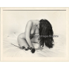 Artistic Erotic Study: Darkhaired Nude Kneeling On Bed / Rose (Vintage XL Photo France 24 x 30 CM 1980s)