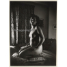 Erotic Study: Natural Darkhaired Nude Kneeling On Bed (Vintage Photo ~1940s/1950s)