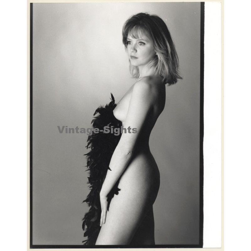 Artistic Erotic Study: Pensive Blonde Nude With Feather Boa*3 (Vintage XL Photo France 30 x 24 CM 1980s)