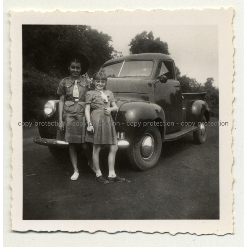 2 Girls In School Uniforms In Front Of Studebaker M5 (Vintage Photo Africa B/W ~1940s)