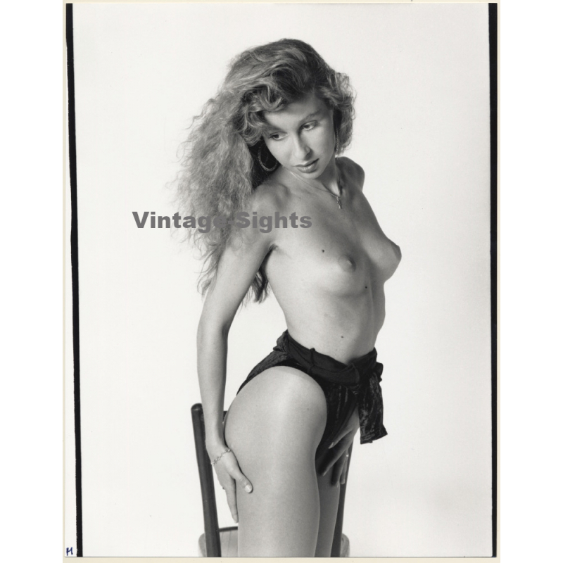 Artistic Erotic Study: Topless Longhaired Blonde In Black Panties (Vintage XL Photo France 30 x 24 CM 1980s)