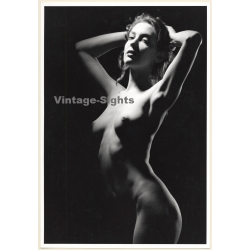 Artistic Erotic Study: Dreamy Brunette Female Standing Hands Behind Back (Vintage XL Photo France 30 x 21 CM 1980s)
