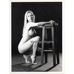 Artistic Erotic Study: Slim Racy Blonde Nude In The Squats (Vintage XL Photo France 30 x 23 CM 1980s)