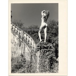 Artistic Erotic Study: Rear View Of Nude Female On Ancient Stone Bannister (Vintage XL Photo France 30 x 24 CM 1980s)