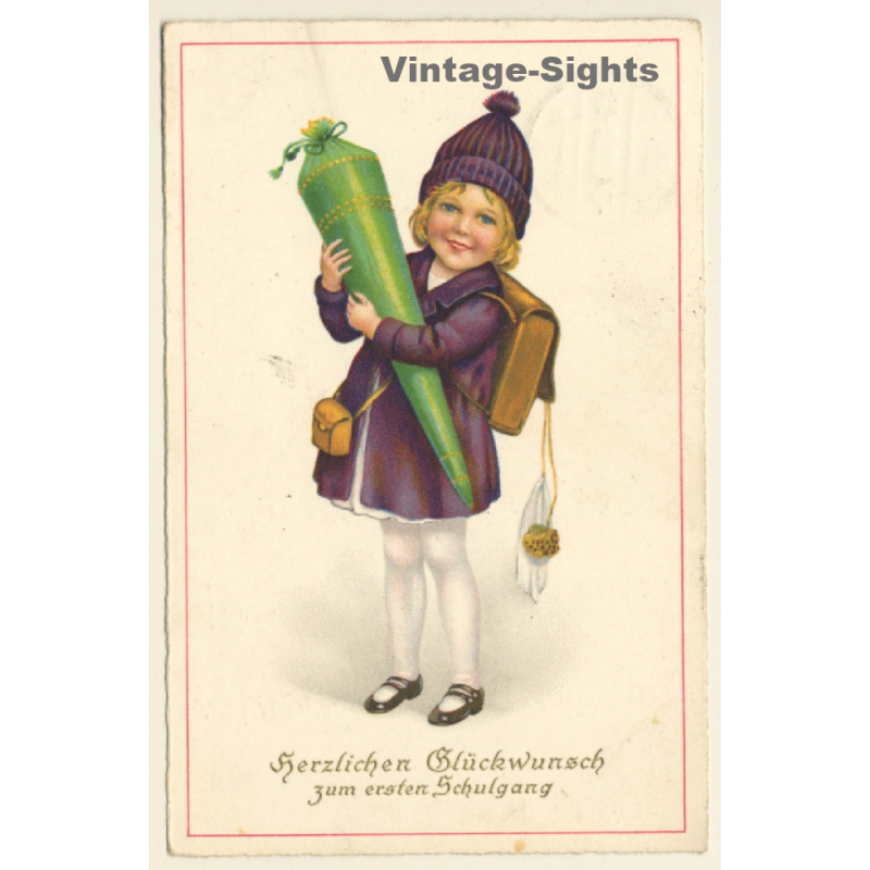 Little Girl With School Cone & Tornister *6 / Schultasche (Vintage PC 1929)
