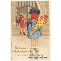 Little Girl With School Cone & Tornister *9 / Schultasche (Vintage PC ~1920s/1930s)