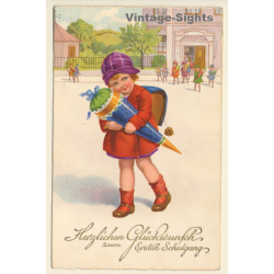 Little Girl With School Cone & Tornister *13 / Schultasche (Vintage PC ~1920s)
