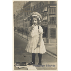 Sweet Little Girl With Tornister / Schultasche (Vintage RPPC 1912)