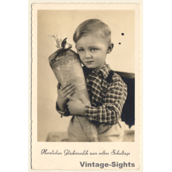 Little Boy With School Cone / Schultasche (Vintage RPPC ~1930s)