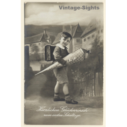 Little Boy With Tornister & School Cone / Schultasche (Vintage RPPC ~1910s/1920s)