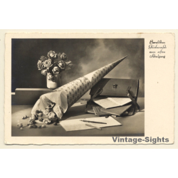 Tornister, School Cone & Flowers / Still Life (Vintage RPPC ~1910s/1920s)