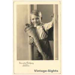 Little Boy With School Cone & Tornister / Schultasche (Vintage RPPC ~1930s)