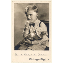 Little Boy With School Cone Eating Biscuit / Schultasche (Vintage RPPC ~1930s)