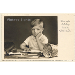 Little Boy At School Table / School Cone & Tornister (Vintage RPPC ~1930s)