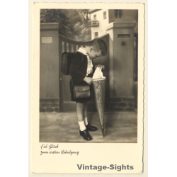 Little School Boy With Tornister & Cone (Vintage RPPC ~1930s)