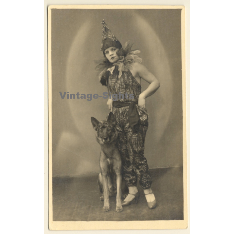 Crazy Dressed Up Woman & German Shepherd Dog With Face Mask (Vintage RPPC 1931) Crazy Dressed Up Woman & German Shepherd Dog With Face Mask (Vintage RPPC 1931)