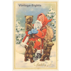 Santa Claus & 3 Bears In The Snow (Vintage PC ~1940s)