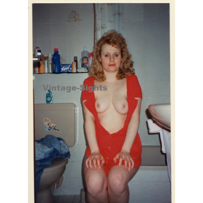 Erotic Study: Racy Blonde Semi Nude In Red Dress Flashing Boobs*2 (Vintage Photo ~1990s)