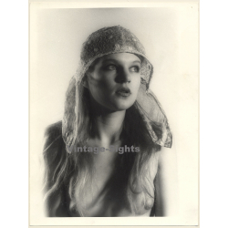 Artistic Erotic Study by Piotr: Upper Body Of Pretty Blonde Nude With Headscarf (Vintage XL Photo 40 x 30 CM 1980s)