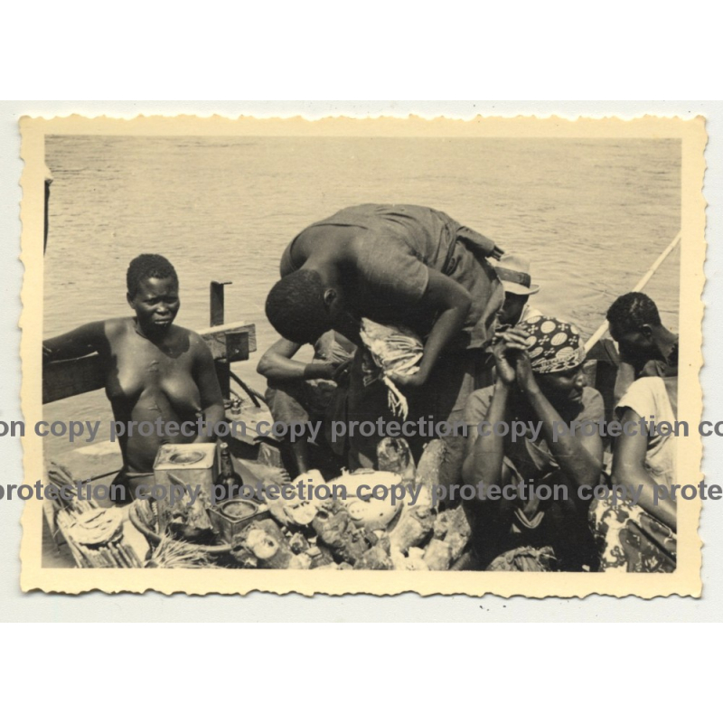 African Plucks Chicken Feathers On Boat Kitchen (Vintage Photo B/W ~1930s/1940s)