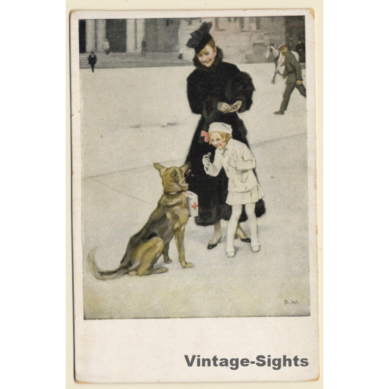 Brynolf Wennerberg: Lady & Girl Donate to Red Cross Shepherd Dog (Vintage PC ~1920s)