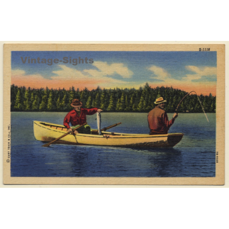 USA: Men Fishing on Lake (Vintage Linen PC Curt Teich 1930s/1940s )