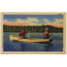 USA: Men Fishing on Lake (Vintage Linen PC Curt Teich 1930s/1940s )