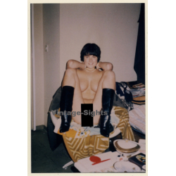 Erotic Study: Cheeky Darkhaired Nude In High Leather Boots (Vintage Photo ~1990s)