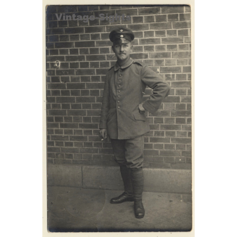 WW1: Young German Soldier In Uniform Smoking Cigarette (Vintage RPPC 1915)
