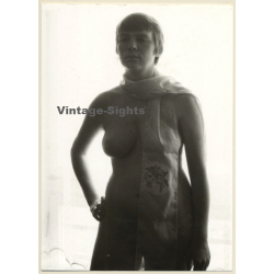 Erotic Study: Natural Shorthaired Nude Female With Silk Scarf (Vintage Photo GDR ~1980s)
