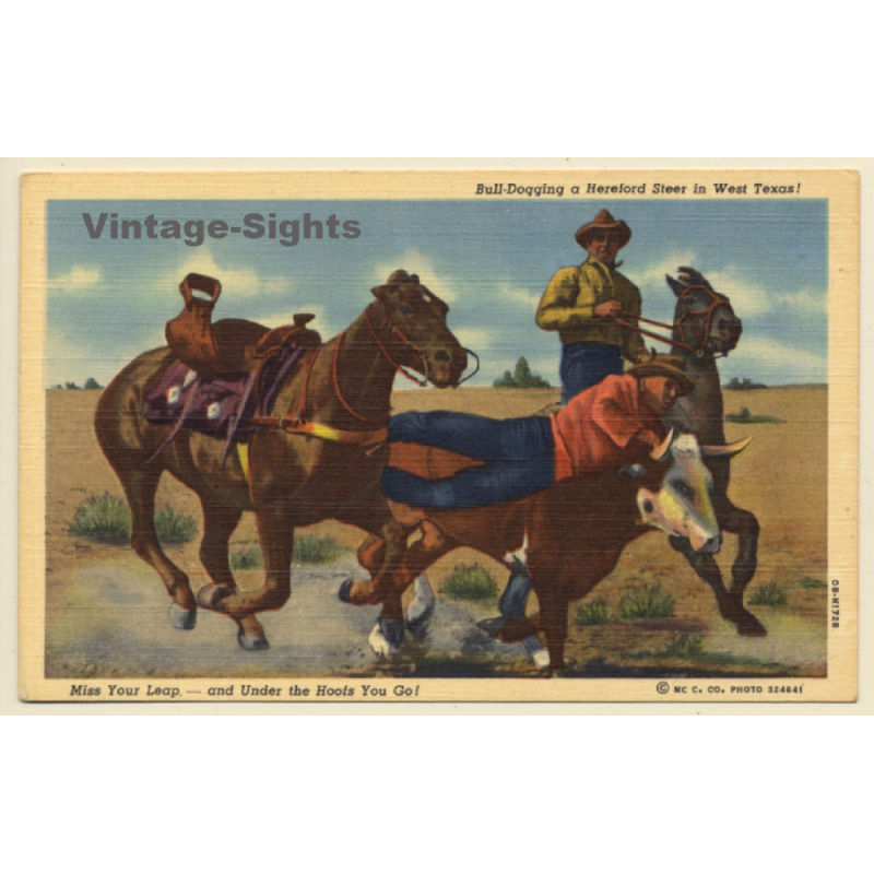 Wild West: Bull Dogging A Hereford Steer / Cowboys (Vintage Linen PC ~1940s)