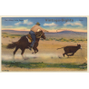 Get Along Little Doggie: Cowboy Catching Cattle With Lasso (Vintage PC ~1940s)