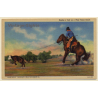 Cowboy Roping A Calf On A West Texas Ranch (Vintage Linen PC ~1940s)