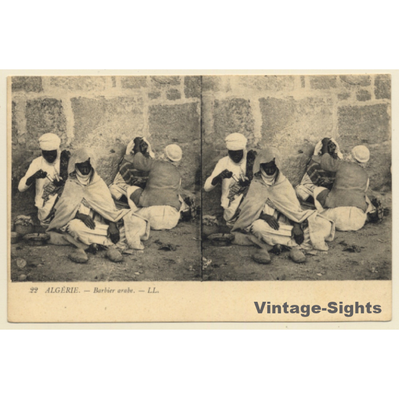 Algeria: Barbier Arabe - Arab Barber (Vintage Stereoscopic PC ~1910s/1920s) Algeria: Barbier Arabe - Arab Barber (Vintage Stereoscopic PC ~1910s/1920s)