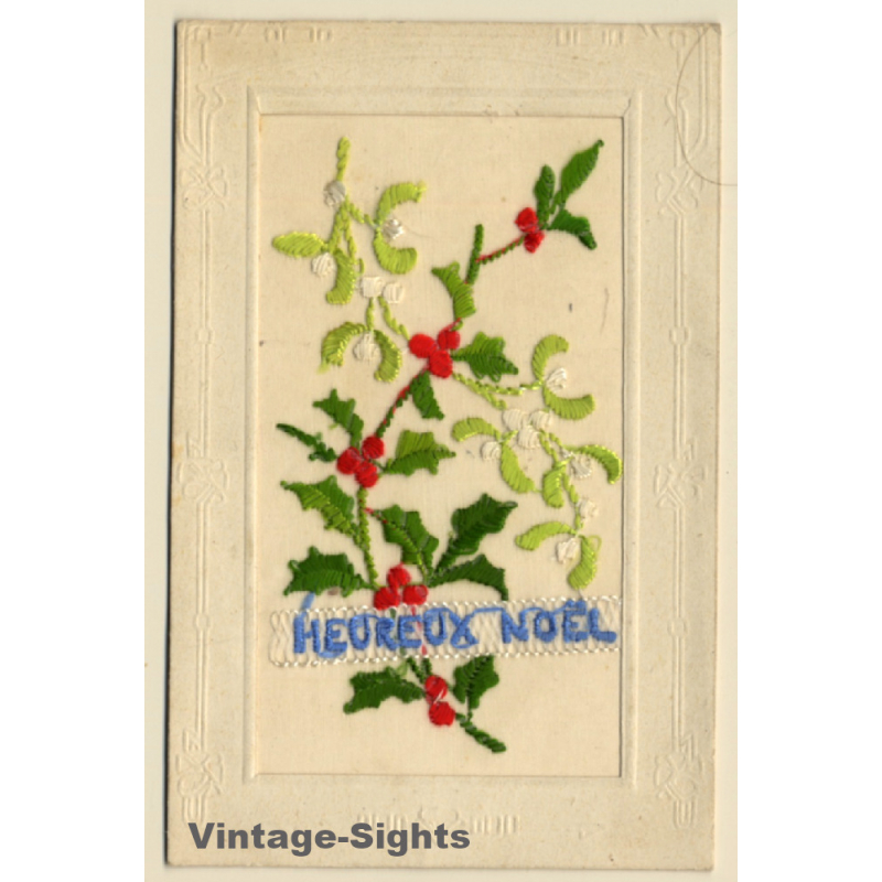 Heureux Noël: Flower Wreath / Christmas (Vintage Embroidered PC ~1910s) Heureux Noël: Flower Wreath / Christmas (Vintage Embroidered PC ~1910s)
