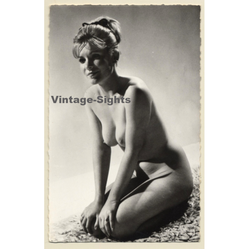 Kneeling Blonde Nude Pin-up With Updo (Vintage PC LYNA ~1950s)
