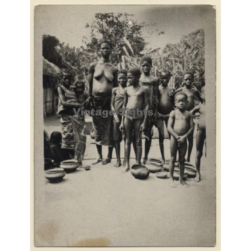 Congo Belge?: Native Topless Tribal Female & Kids / Ethnic - Straw Hut (Vintage Photo ~1920s/1930s)