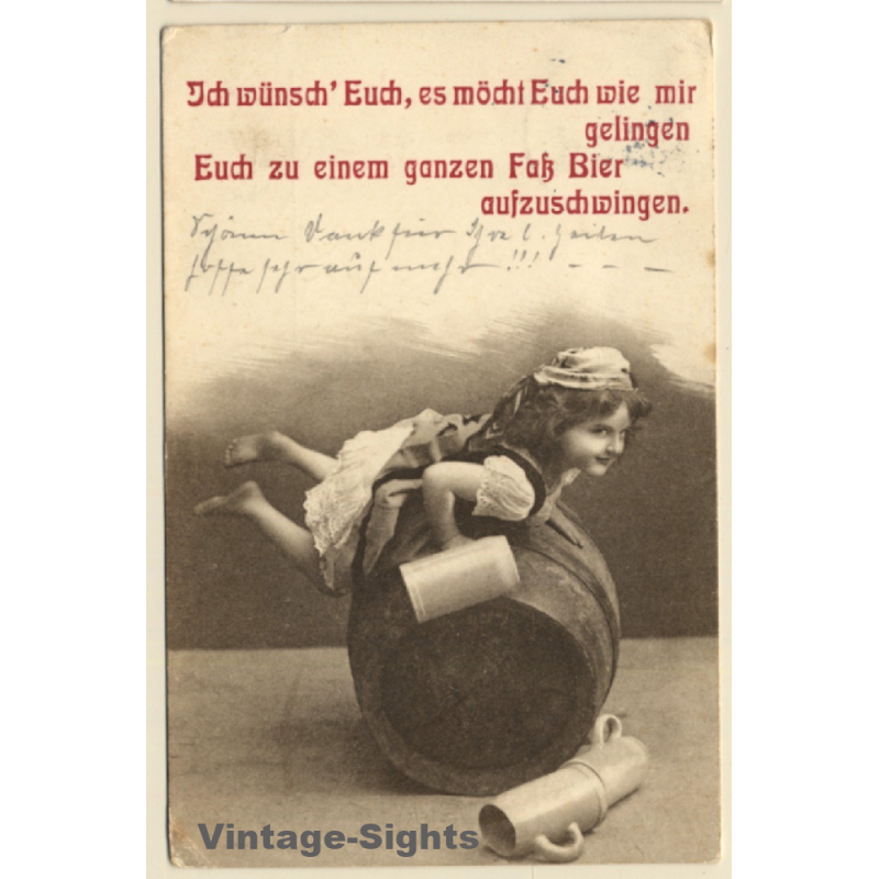 Little Bavarian Girl with Stein on Beer Barrel / Poetry (Vintage PC 1908)
