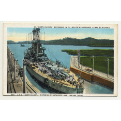 U.S.S. North Dakota Enering Miraflores Lake, Panama Canal (Vintage Colored Postcard)