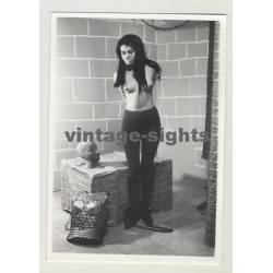 Dark Haired Woman In Plastic Wrap Bondage & Footcuffs (Vintage Photo 1964)