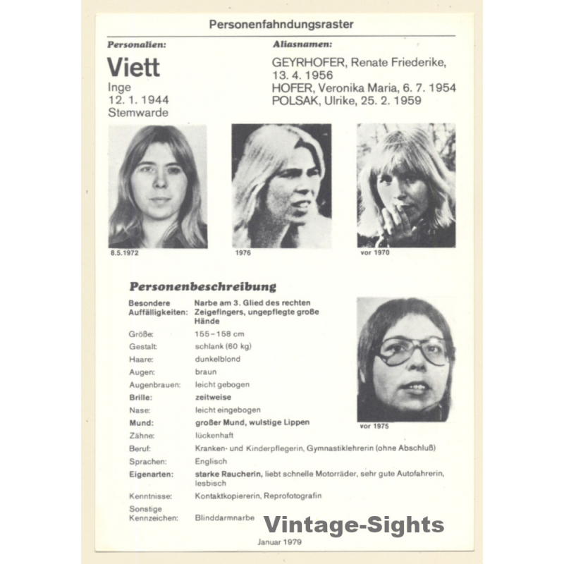 RAF Terroristin Inge Viett (Vintage BKA Fahndungskarte 1979)