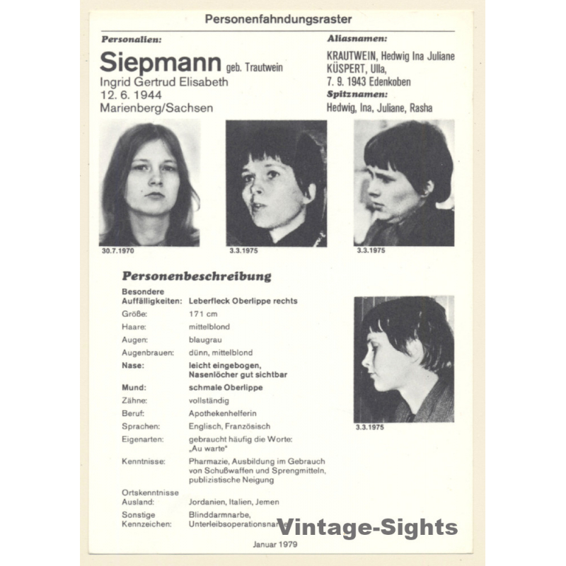 RAF Terroristin Ingrid Gertrud Elisabeth Siepmann (Vintage BKA Fahndungskarte 1979) RAF Terroristin Ingrid Gertrud Elisabeth Siepmann (Vintage BKA Fahndungskarte 1979)