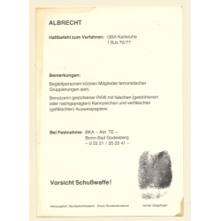 RAF Terroristin Susanne Albrecht (Vintage BKA Fahndungskarte 1977)