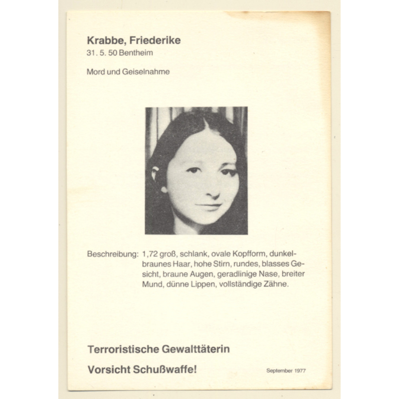 RAF Terroristin Friederike Krabbe (Vintage BKA Fahndungskarte 1977) RAF Terroristin Friederike Krabbe (Vintage BKA Fahndungskarte 1977)